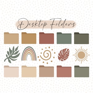 Könnte beinhalten: Ein Satz von 12 digitalen Desktop-Ordner-Icons im Boho-Stil. Die Icons zeigen verschiedene Farben und Designs, darunter einen Regenbogen, ein Blatt, eine Sonne und eine Spirale. Der Text "Desktop-Ordner" steht oben im Bild.