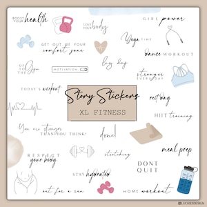 Könnte beinhalten: Ein Set mit 20 Fitness-Stickern mit Illustrationen und Text. Die Sticker sind auf weißem Hintergrund mit einem hellbraunen Rand. Die Sticker zeigen Sätze wie "Boost Your Health", "Love Your Body", "Get Out of Your Comfort Zone", "Yoga Time", "Leg Day", "Stronger Every Day", "Rest Day", "HIIT Training", "Meal Prep", "Don't Quit", "Stay Hydrated", "Out for a Run", "Home Workout", and "Motivation".