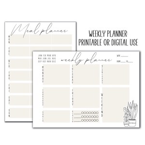 May include: A printable weekly planner with a simple design. The planner includes sections for Monday through Sunday, as well as a section for goals and health. The planner also includes a section for the weekend with a cute illustration of potted plants.