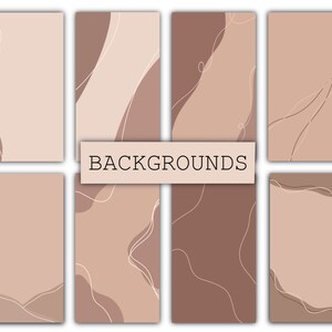 Può includere: Set di sei sfondi astratti in tonalità di marrone e beige con linee bianche. Gli sfondi sono perfetti per post sui social media, banner di siti web o altri progetti digitali. Il testo "BACKGROUNDS" è visualizzato al centro dell'immagine.