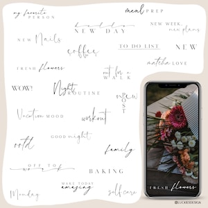 Puede incluir: Un planificador digital con una variedad de frases y textos escritos a mano, que incluyen "mi persona favorita", "uñas nuevas", "flores frescas", "guau", "rutina nocturna", "ambiente vacacional", "buenas noches", "ir a trabajar", "lunes", "preparación de comidas", "nueva semana", "nuevos planes", "lista de tareas", "nuevo", "amor por el matcha", "salir a caminar", "nueva publicación", "entrenamiento", "familia", "hornear", "haz que hoy sea increíble", "cuidado personal", y "flores frescas".