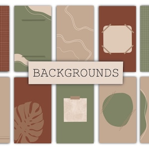 Könnte beinhalten: Satz von 10 digitalen Hintergründen in erdigen Tönen von Grün, Braun und Beige. Die Hintergründe zeigen abstrakte Formen, Linien und Texturen, darunter Gittermuster, ein Monstera-Blatt und ein angeklebtes Stück Papier. Der Text "BACKGROUNDS" wird in der Mitte des Bildes angezeigt.