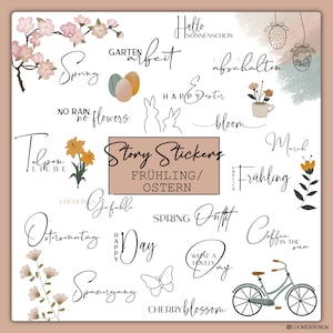 Könnte beinhalten: Ein Set mit bunten Frühlings- und Osterstickern mit Illustrationen von Blumen, Schmetterlingen, Hasen, Kaffeetassen, Fahrrädern und Eiern. Die Sticker zeigen Text in Deutsch, darunter "Frühling", "Ostern", "Tulpen Liebe", "Garten Arbeit", "Frühlingsgefühl", "Oster Sonntag", "Happy Day", "Spaziergang", "Cherry blossom", "Hallo Sonnenschein", "Abschalten", "Endlich Frühling", "Spring Outfit", "What a lovely day", "Coffee in the sun".