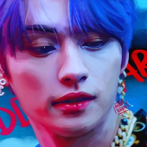 May include: Digital art portrait of a person with blue and purple hair, red lips, and a blue background. The word "ODD" is written in red on the left side, and "ARY" is written on the right. The person is wearing earrings.