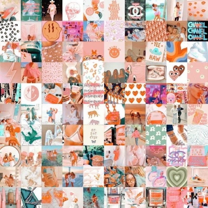 Peachy Preppy Wall Collage Bright Fashion Boujee Aesthetic Photo Collage 