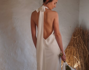 Halter neck wedding dress, low open back, bow, embroidered personalisation, crepe wedding dress, ivory or white, high neck bridal