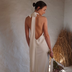 Halter neck wedding dress, low open back, bow, embroidered personalisation, crepe wedding dress, ivory or white, high neck bridal image 1