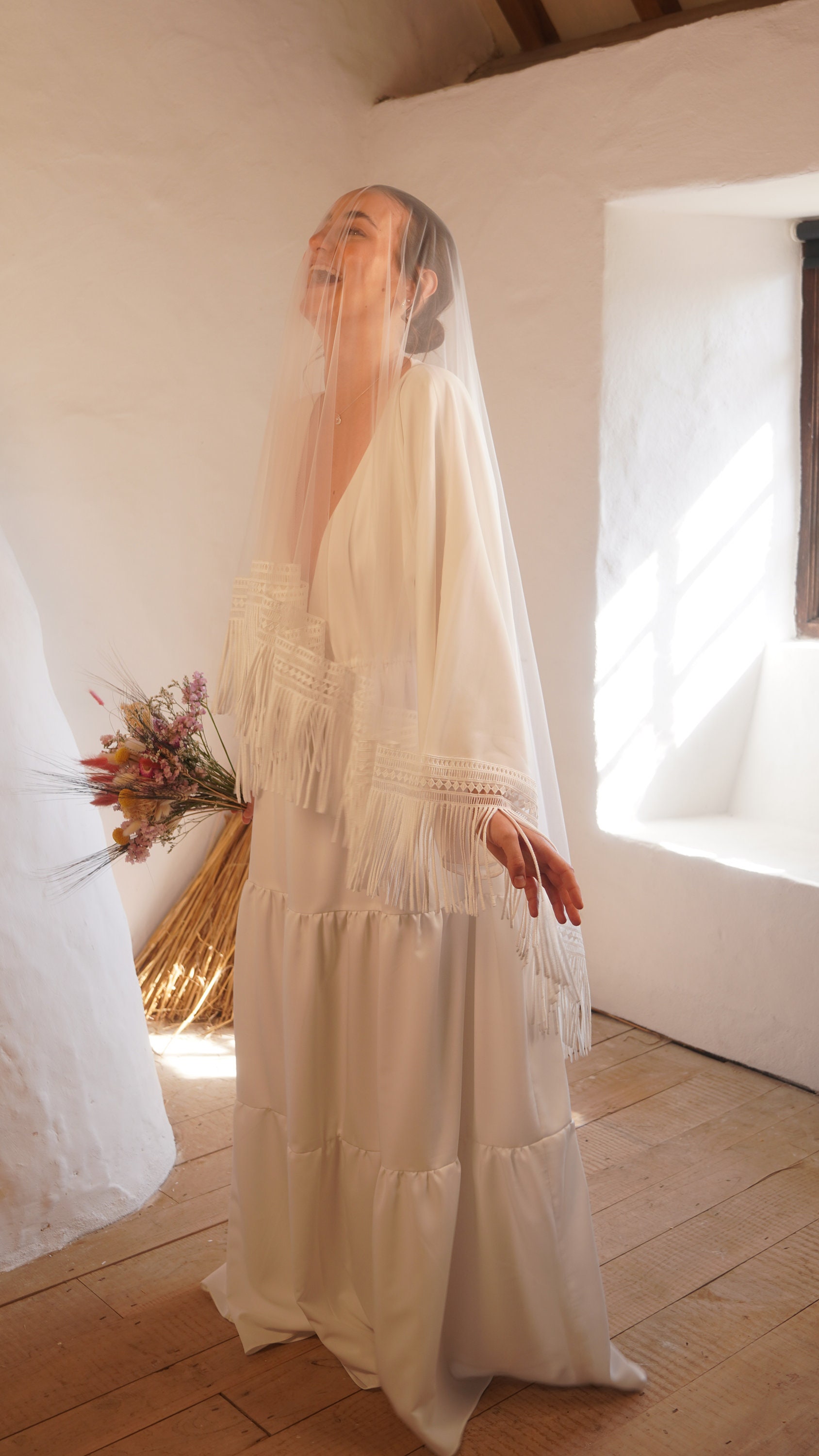 Brand New Chapel Length white Boho Tassel Veil with Blusher Boho Wedding Veil With Tassels | Two Layer Blusher Veil  main image 2
