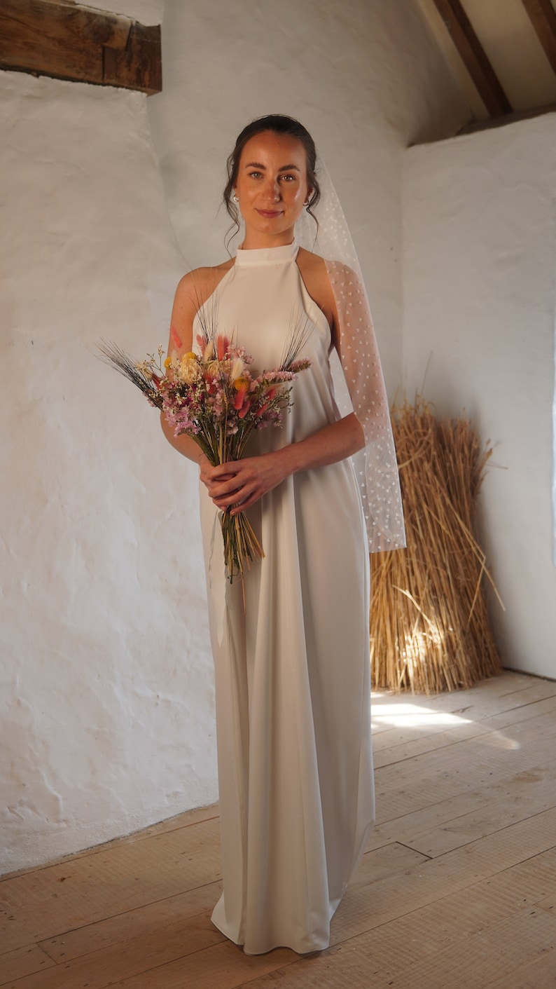 Halter neck wedding dress, low open back, bow, embroidered personalisation, crepe wedding dress, ivory or white, high neck bridal image 7