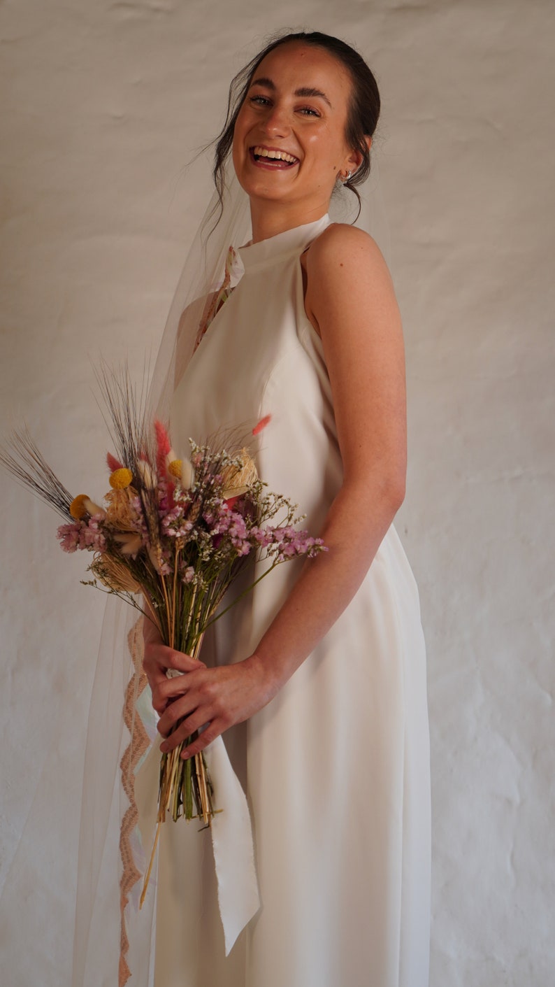 Halter neck wedding dress, low open back, bow, embroidered personalisation, crepe wedding dress, ivory or white, high neck bridal image 2