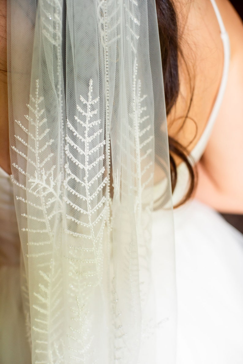 Beaded Leaf embroidered wedding veil, bridal veil, long, bohemian wedding veil image 1