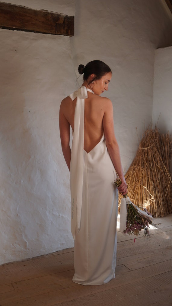 Halter Neck Wedding Dress, Low Open Back, Bow, Embroidered