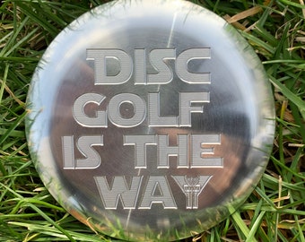 Disc Golf Aluminum Mini Marker - Disc Golf is the Way - with Basket - Star Wars Style Engraved