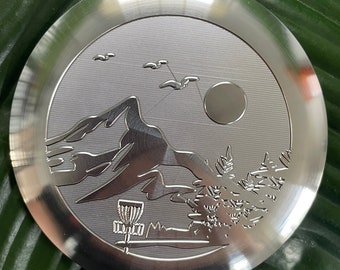 Disc Golf Aluminum Mini Marker - Disc Golf Basket in the Mountains Engraved