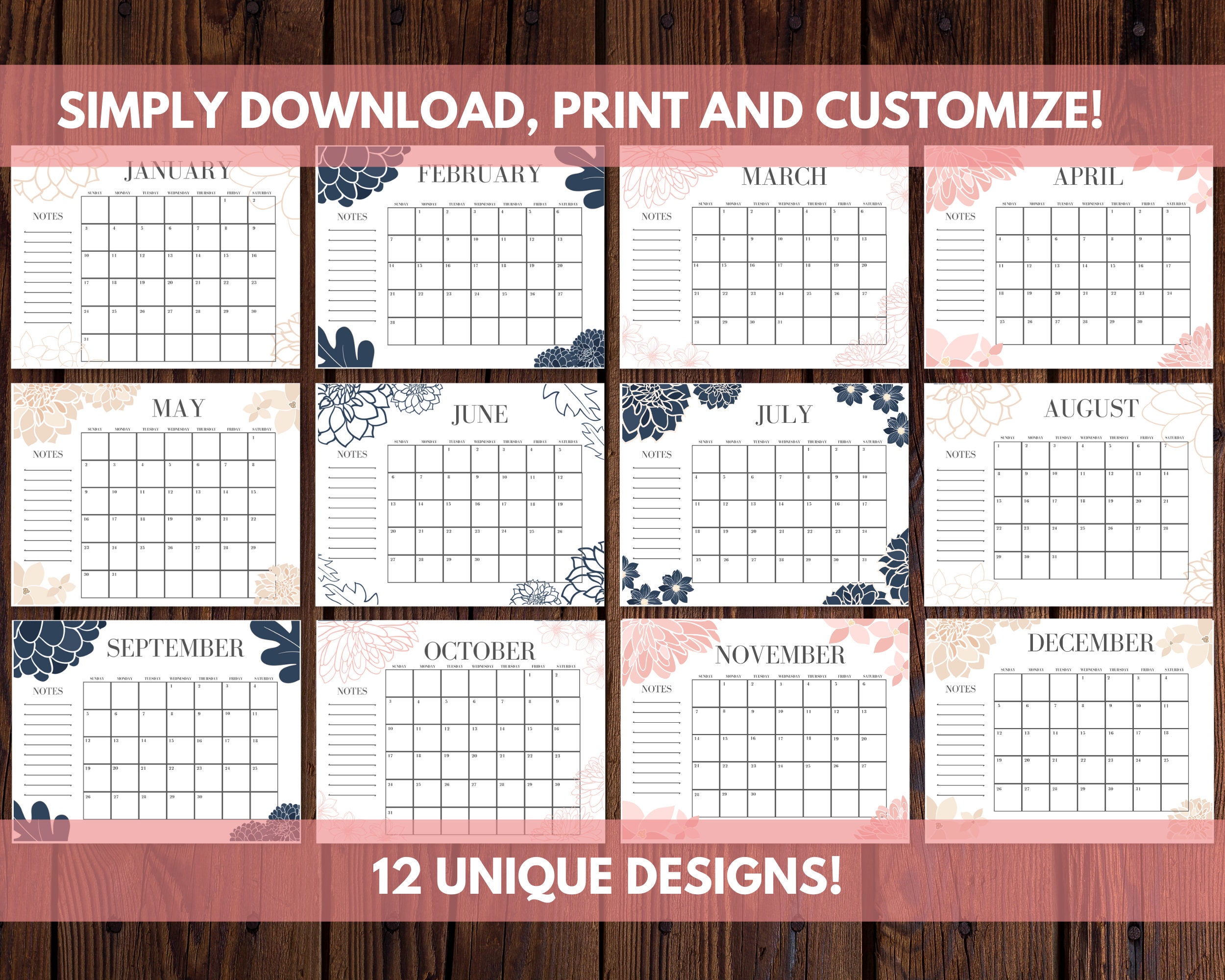2021 Calendar Printable 2021 Floral Calendar Template Etsy