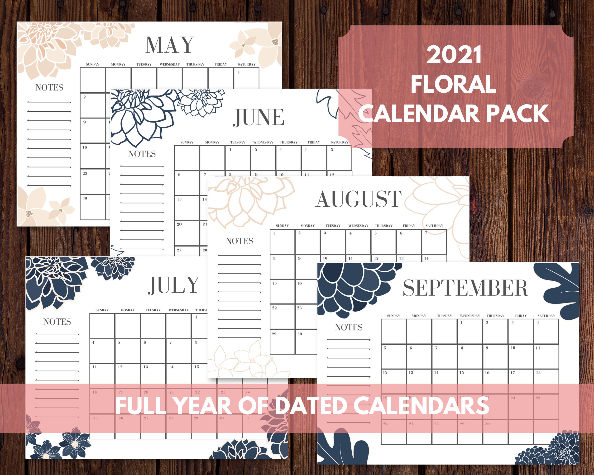2021 Calendar Printable 2021 Floral Calendar Template Etsy