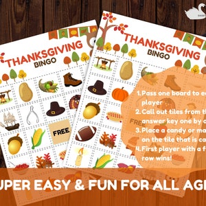 May include: Two printable Thanksgiving bingo cards with a fall theme. The cards feature images of a cornucopia, a turkey, a hat, a pumpkin, a football, a candle, a potato, a ship, a corn cob, a nut, a  pair of tongs, and a pie. The cards have the text "Thanksgiving Bingo" at the top.
