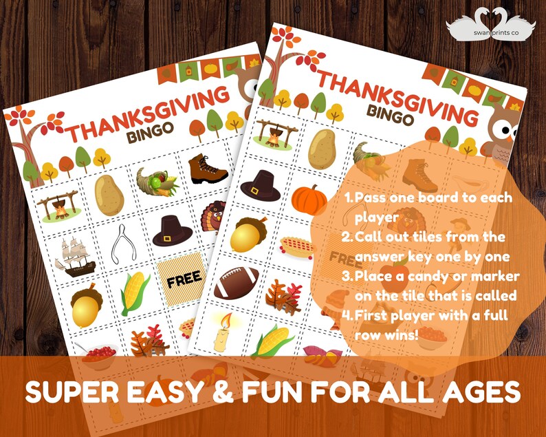 May include: Two printable Thanksgiving bingo cards with a fall theme. The cards feature images of a cornucopia, a turkey, a hat, a pumpkin, a football, a candle, a potato, a ship, a corn cob, a nut, a  pair of tongs, and a pie. The cards have the text "Thanksgiving Bingo" at the top.