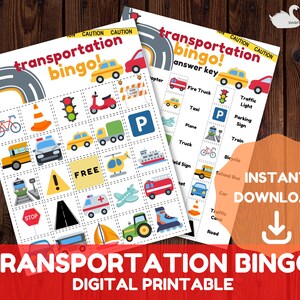 Transportation Bingo - Cars Bingo - Kids Printable Game - Classroom Bingo Game - Instant Digital Download