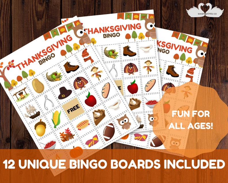 May include: Three printable Thanksgiving bingo cards with a brown owl and fall-themed images. The text on the cards reads "Thanksgiving Bingo". The text at the bottom of the image reads "12 Unique Bingo Boards Included".