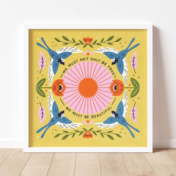 BEAUTY AND TRUTH Illustrated Giclee Print 8"x8", bird, floral, sun illustration