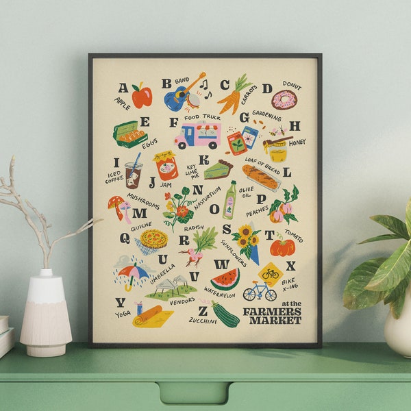Farmers Market Alphabet Print: Illustrated ABC Wall Art (11x14)