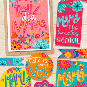 Puede incluir: Colección de tarjetas y etiquetas coloridas con diseños florales y texto en español. Las tarjetas y etiquetas presentan las frases "Feliz dia MAMA", "MAMA lo haces genial", "MAMI Te amamos" y "Esto es para Vos". La paleta de colores incluye rosa, naranja, azul y amarillo.