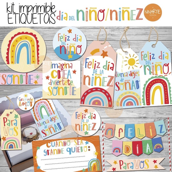 Kit imprimible etiquetas dia del niño dia de la niñez colores