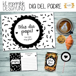 Kit para impressão do Dia dos Pais com café da manhã completo em preto e branco