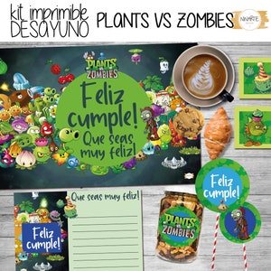 Puede incluir: Un kit de fiesta de cumpleaños con temática de Plants vs Zombies con un esquema de color verde y azul. El kit incluye un mantel individual imprimible, una tarjeta imprimible, una etiqueta imprimible y una bolsa de regalo imprimible. El mantel individual presenta un círculo grande con el texto "Feliz cumple! Que seas muy feliz!" y una variedad de personajes de Plants vs Zombies. La tarjeta presenta el texto "Feliz cumple!" y una variedad de personajes de Plants vs Zombies. La etiqueta presenta el texto "Feliz cumple!" y una variedad de personajes de Plants vs Zombies. La bolsa de regalo presenta el texto "Plants vs Zombies" y una variedad de personajes de Plants vs Zombies.