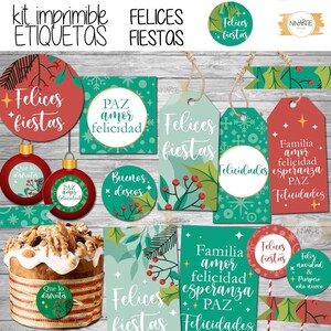 Kit imprimible etiquetas felices fiestas hojas