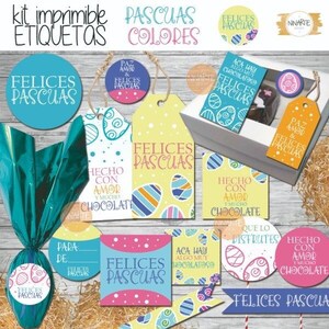 kit imprimible etiquetas felices pascuas colores