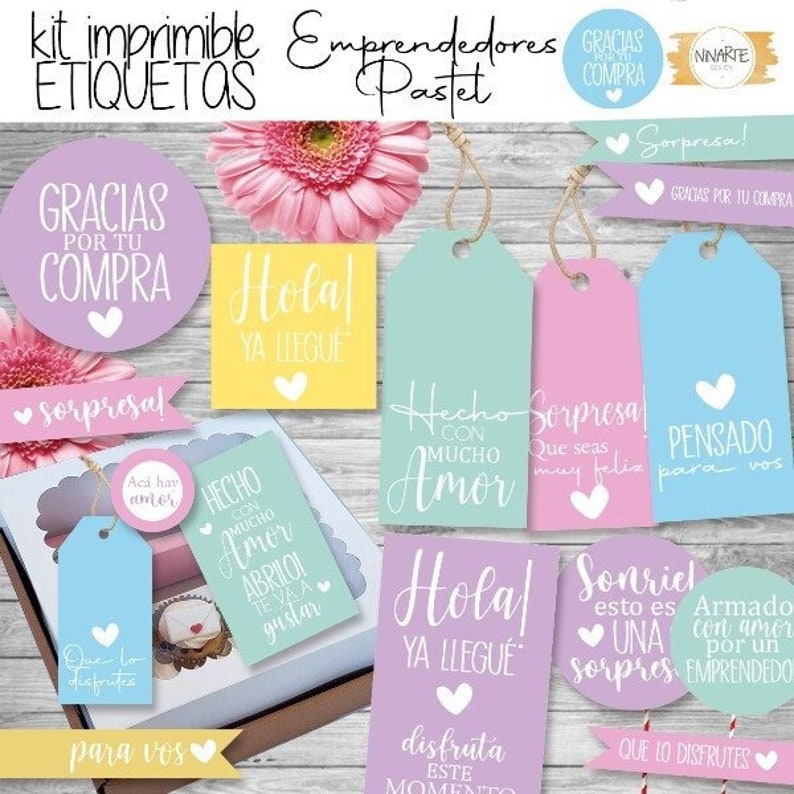 KIT IMPRIMIBLE ETIQUETAS EMPRENDEDORES COLORES PASTEL frases etiquetas packaging