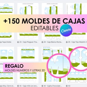 Pack of editable Canva templates for creative stationery boxes, milkbox, popcorn box, chip bag, happy box, 3D alphabet, numbers, children's gift templates.