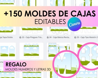 Pack moldes Canva editables cajas papeleria creativa milkbox pochoclera chip bag caja feliz abecedario 3d numeros plantilla obsequios niños