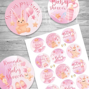 Printable kit baby shower circular labels girl woman pink
