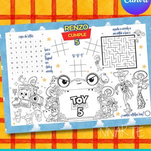 Puede incluir: Una hoja de actividades imprimible con personajes de Toy Story, una sopa de letras, un laberinto y juegos de tres en raya. El encabezado dice RENZO CUMPLE 5 y el centro presenta un logo de Toy Story 5. Incluye varias ilustraciones de personajes.
