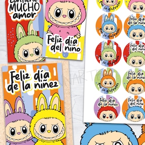 Printable kit for Labubu Children&#39;s Day labels, downloadable PDF, Children&#39;s Day, postcard tags, gift bag closures, and treats. PDF for childhood.