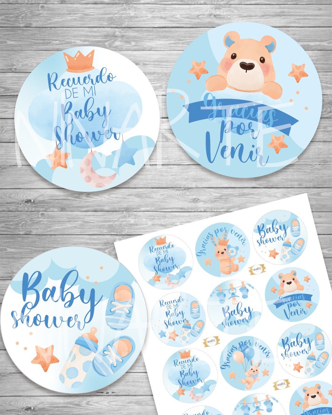 Kit imprimible etiquetas circulares baby shower varon nene celeste