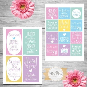 K&ouml;nnte beinhalten: Ein Satz von 12 bunten, druckbaren Geschenkanh&auml;ngern mit verschiedenen Botschaften auf Spanisch. Die Anh&auml;nger zeigen Herzen, Blumen und Text wie "Sorpresa!" und "Hola! Ya llegue".