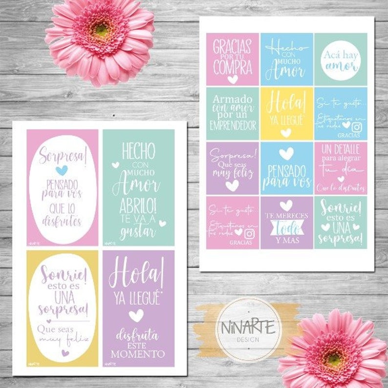 K&ouml;nnte beinhalten: Ein Satz von 12 bunten, druckbaren Geschenkanh&auml;ngern mit verschiedenen Botschaften auf Spanisch. Die Anh&auml;nger zeigen Herzen, Blumen und Text wie "Sorpresa!" und "Hola! Ya llegue".