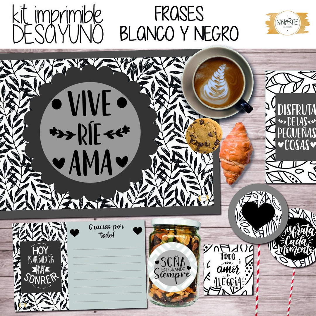 Kit imprimible Frases motivadoras para desayuno/merienda blanco y negro
