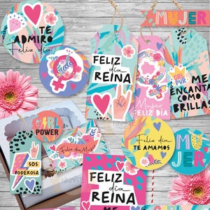 Druckbares Frauentag-Etiketten-Set Postkartenanhänger GRL Power 8. März