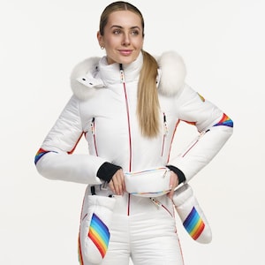 White womens ski suit Womens rainbow snowsuit  Warm jumpsuit women Winter activewear Gift for skier Sister birthday gift ideas
