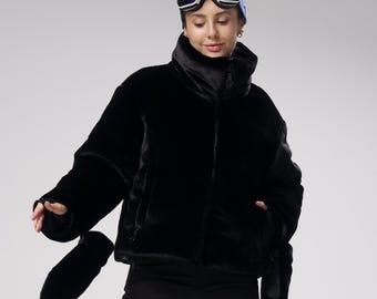 Womens ski fur jacket and pants Pink jacket and black ski pants Ski jacket and ski pants for women Black ski suit Gift for skier