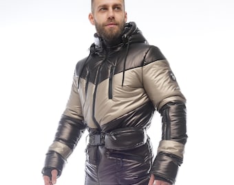 Brown ski suit for men Shiny ski jumpsuit for men  One piece ski suit Men&#39;s winter jumpsuit Ski gifts for men Gift for snowboarder