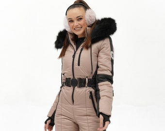 Beige ski suit for women  Womens skisuit Winter activewear Gift for skier Sister birthday gift ideas