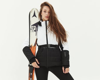 Black and white ski suit Womens ski jacket and pants  Ski jacket and ski pants for women Black ski suit Gift for skier