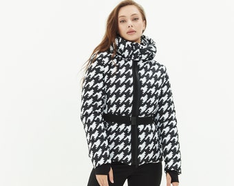 Houndstooth print jacket and black pants Ski suit for women Womens ski jacket and ski pants Black and white jacket and pants Gift for skier