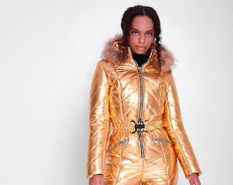 Gold Waterproof Ski Suit Women Winter 